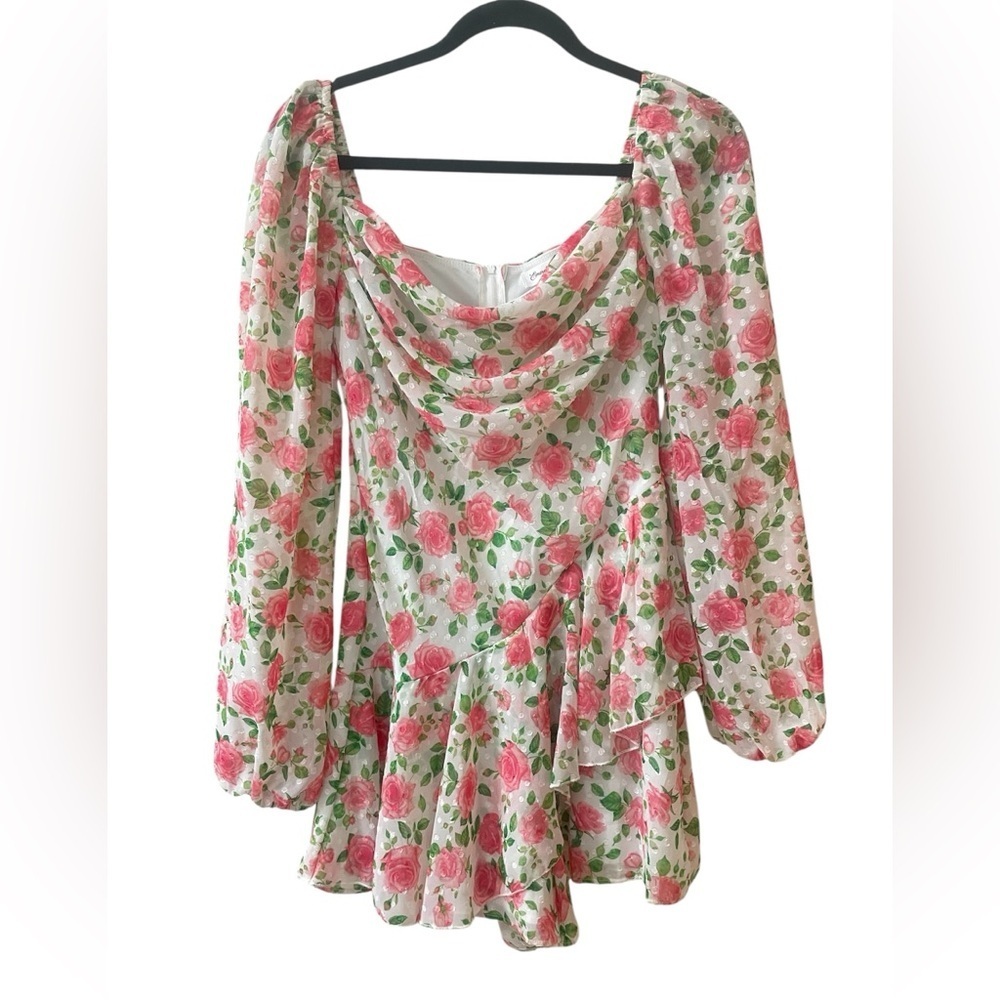 Pink Floral Long Sleeve Draped Flowy Romper Small